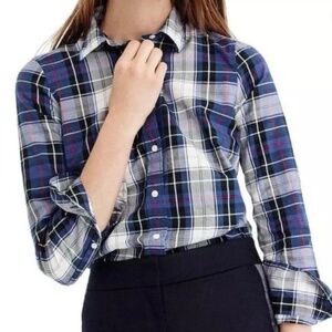 NWOT J. Crew Women’s SZ 2P Cotton Plaid Perfect Shirt in Royal Blue and Black